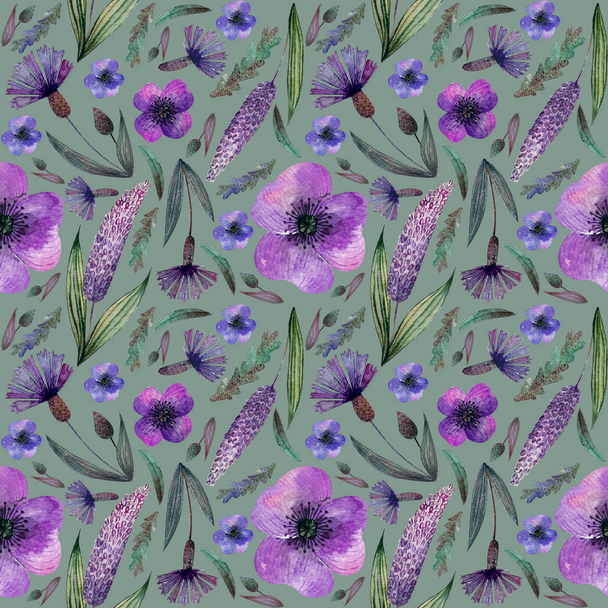 seamless pattern meadow  lilac flowers and herbs, cornflowers,  on green background - Foto, immagini