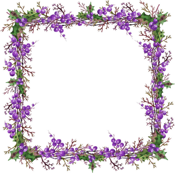 Square Christmas wreath with branches, holly, berries purple lilac - Fotoğraf, Görsel