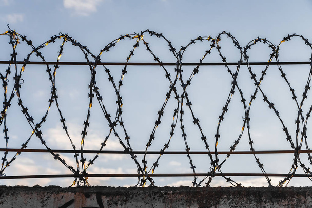 Черная колючая металлическая проволока на проводах на заборе против голубого неба
 - Фото, изображение