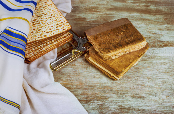 Judaism and religious torah on jewish matza on passover tallit - Photo, Image