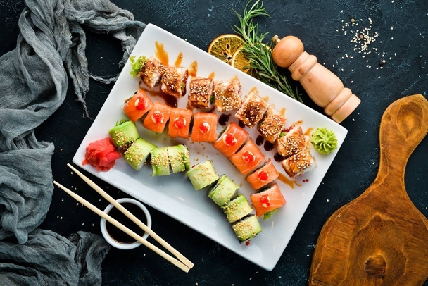 Set Sushi Roll. Chinese traditional dish. Top view. Free copy space. - Photo, image