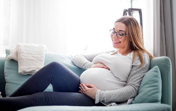 Young pregnant woman sitting on couch in living room - Fotografie, Obrázek