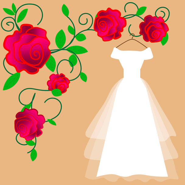 Wedding dress vector. Flat design. Elegant white dress with veiling and bow for bride hanging on hanger. Preparing to marriage ceremony. For wedding clothes shop - Vector, Image
