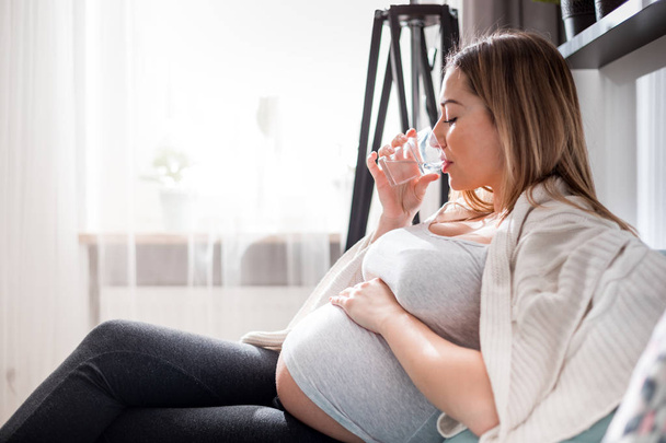 Salud durante el embarazo, Mujer embarazada bebiendo agua sentada en el sofá
 - Foto, Imagen