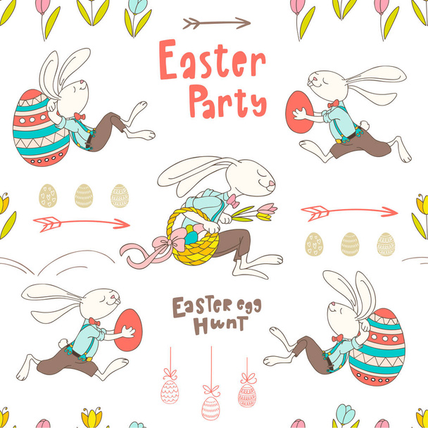 Seamless pattern with hand drawn rabbits, eggs, flowers and hand - Vetor, Imagem