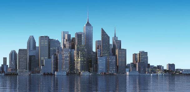 Paysage urbain générique avec bâtiments modernes et gratte-ciel sur l'eau
 - Photo, image