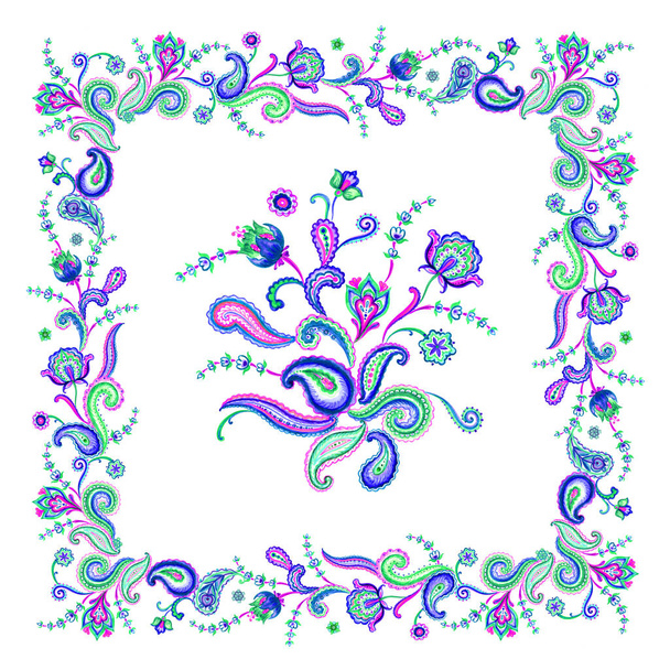 Print for a scarf and other designs with abstract paisley-style flowers in blue tones, watercolor illustration. - Fotó, kép