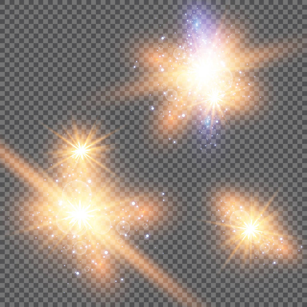 Az absztrakt fáklyás fénysugarak vektoros ábrázolása. Csillagok halmaza, fény és ragyogás, sugarak és fényesség. Ragyogó fényhatás. Vektor illusztráció. Karácsonyi vaku koncepció - Vektor, kép