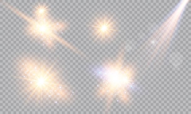 Ilustración vectorial de rayos de luz de llamarada abstracta. Un conjunto de estrellas, luz y resplandor, rayos y brillo. Efecto de luz brillante. Ilustración vectorial. Navidad flash Concepto - Vector, Imagen
