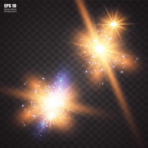 Soyut ışık ışınlarının vektör illüstrasyonu. Bir dizi yıldız, ışık ve ışıltı, ışınlar ve parlaklık. Parlak ışık efekti. Vektör çizimi. Noel flaşı Konsepti - Vektör, Görsel