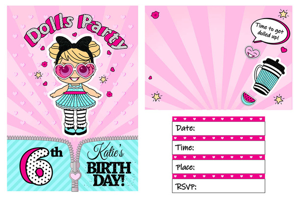Title: Pink vector template of invitation card for little girl. Girlish cute illustration for kids birthday party in LOL doll surprise style. Printable colorful invite. Place your text, picture, photo frame - Vector, Image