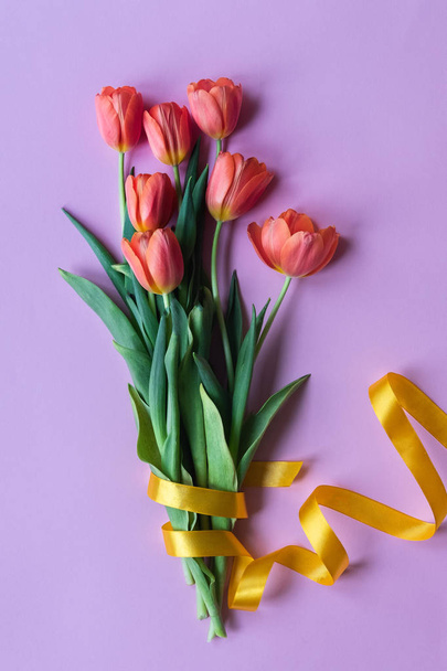 Beautiful flowers on pink background with yellow ribbon. Red tulips on color background - Foto, imagen