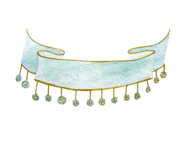Aquarel blauwe tape met een gouden rand en pompons geïsoleerd op witte achtergrond. Handgeschilderde ontwerp voor Moederdag, womens dag, bruiloft, behalve de datum, kaart, vakantie - Foto, afbeelding