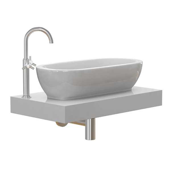 White sink with a tap for the bathroom on a white background 3d - Photo, Image