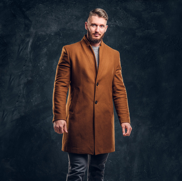 Portrait of a stylish male wearing the demi-season coat. Mens beauty, seasonal fashion. Studio photo against a dark wall background - Valokuva, kuva