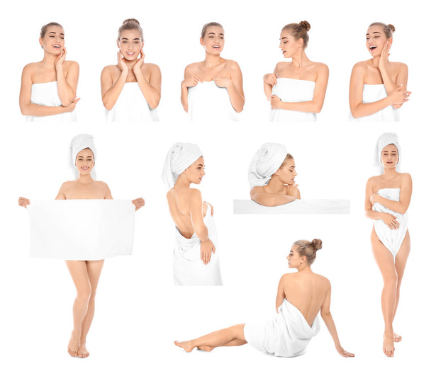 Set of beautiful young woman with towels on white background - Fotografie, Obrázek