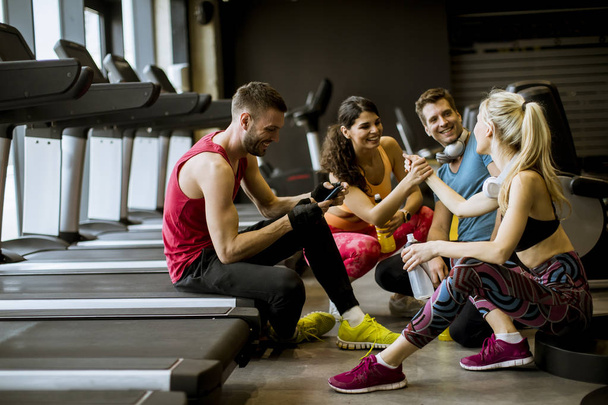 Grupo de jóvenes en ropa deportiva hablando y riendo juntos mientras están sentados en el suelo de un gimnasio después de un entrenamiento
 - Foto, imagen