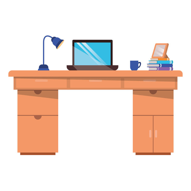 Bureau met laptop geïsoleerde icoon - Vector, afbeelding