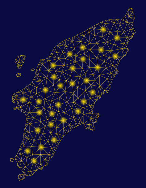 Carcasa de malla amarilla Mapa griego de la isla de Rodas con puntos de llamarada
 - Vector, Imagen