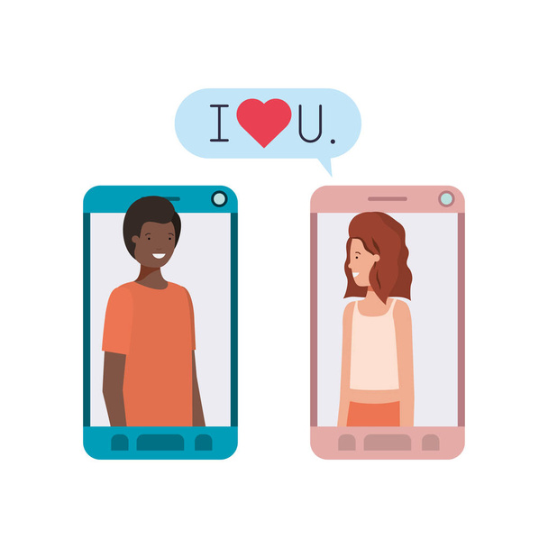 young couple in smartphone with speech bubble - Vector, Image