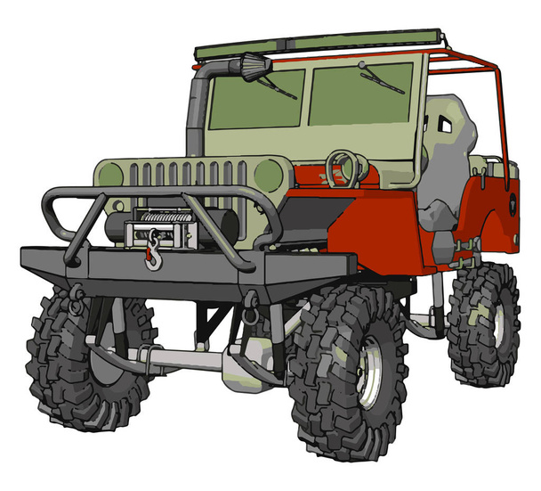 Buggy de arena verde oscuro y rojo con ilustración vectorial de niveles grises sobre fondo blanco
 - Vector, Imagen
