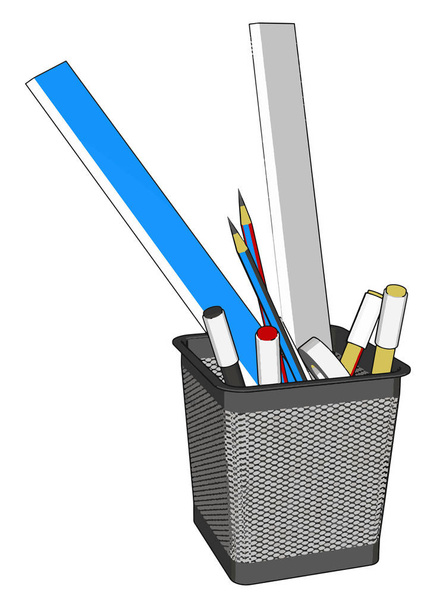 Σύρμα δοχείο στυλό με χάρακες και πολλές πένες και μολυβίδες διανυσματική απεικόνιση σε λευκό φόντο - Διάνυσμα, εικόνα