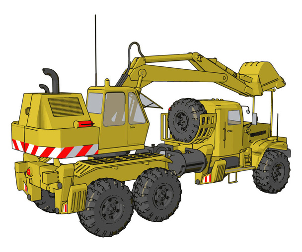3D vector illustration of yellow big excavator machine on white background - Vector, Image