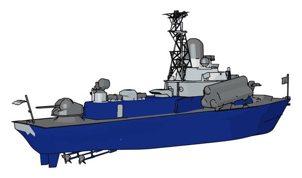 3D vector illustration on white background of a blue and grey military boat - Vector, Image