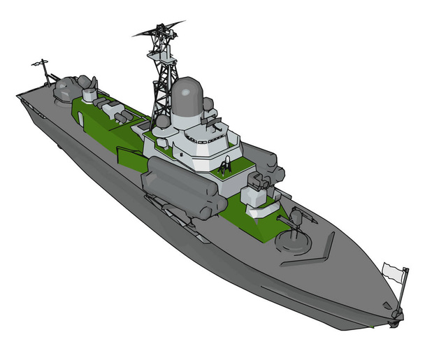3D vector illustration on white background of a  green and grey military boat - Vector, Image