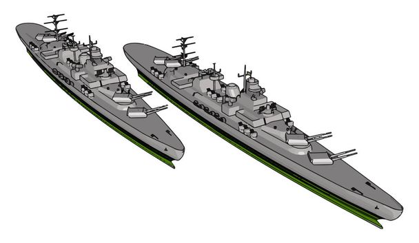 Ilustração vetorial 3D de dois longos navios militares cinzentos sobre um fundo branco
 - Vetor, Imagem