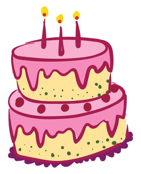 A lovely two-layered yellow cake with pink fondant and glowing c - Vector, Image