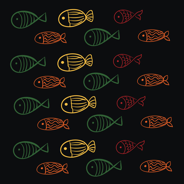 Tekstura na czarnym tle i biała ramka z kolorową ilustracją wektora ryb - Wektor, obraz