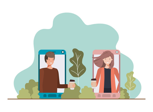 pareja joven en smartphone con paisaje
 - Vector, Imagen