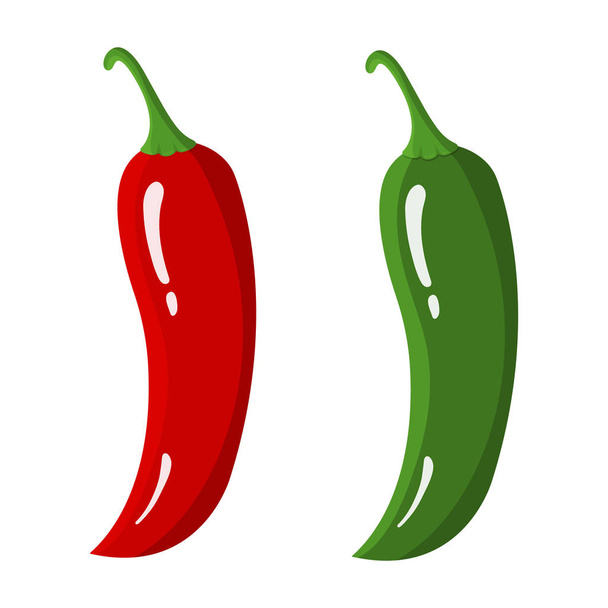 Red and Green Chilli Peppers isolated on white background. Fresh Food Spice for Market, Recipe. Cartoon Flat Style. Vector illustration for Your Design, Web. - Vector, Image