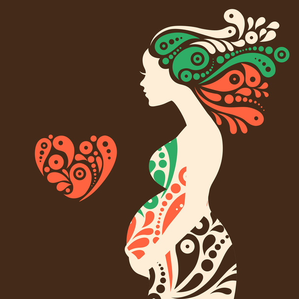 Pregnant woman silhouette with abstract decorative flowers and h - Vector, Image