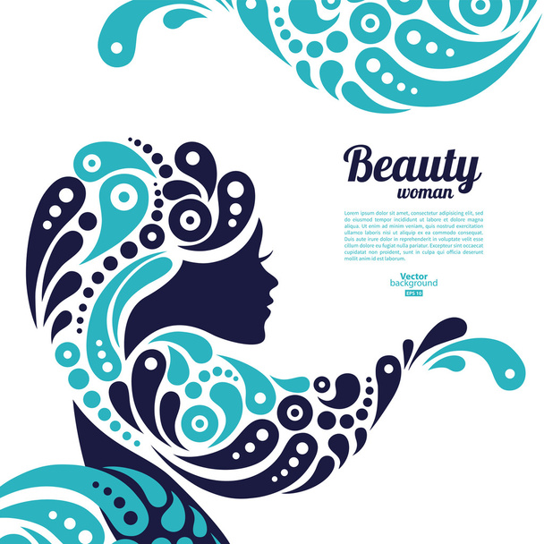 Beautiful woman silhouette. Tattoo of abstract girl hair. Marine - Vector, Image