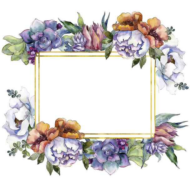 Bouquets floral botanical flowers. Watercolor background illustration set. Frame border ornament square. - Foto, Imagem