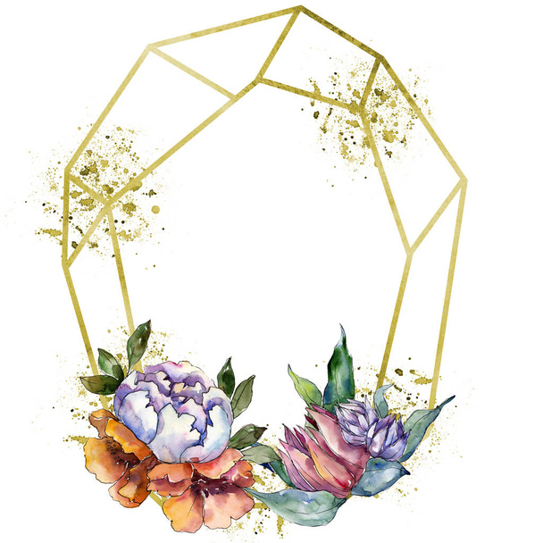 Boeketten bloemen botanische bloemen. Aquarel achtergrond afbeelding instellen. Frame grens ornament vierkant. - Foto, afbeelding