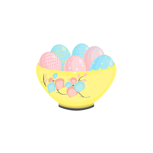 Easter eggs in a beautiful plate. Happy Easter postcard. Vector Illustration. - Vektor, kép