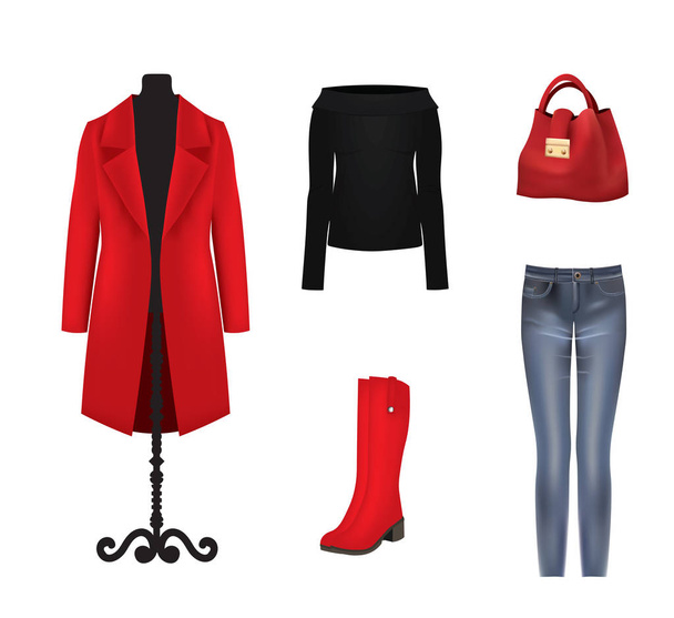 Vrouwen klaar. jas, trui, broek, tas en laarzen - Vector, afbeelding