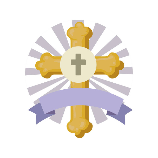 eerste communie kruis met lint frame - Vector, afbeelding