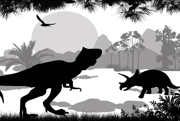dinosaurussen silhouetten in prachtige landschap - Vector, afbeelding