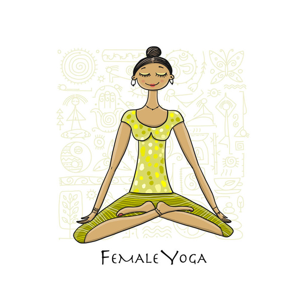 Young girl in lotus position. Padmasana women meditation. Sketch for your design - Vecteur, image
