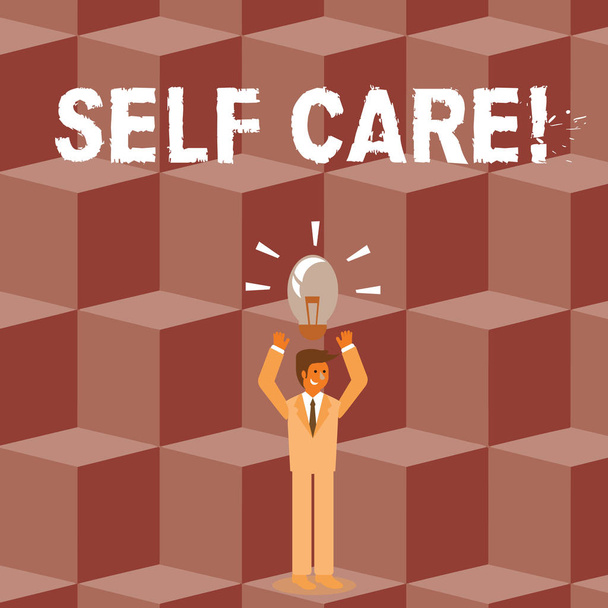 Conceptual hand writing showing Self Care. Business photo showcasing practice of taking action to preserve or improve ones own health Businessman Raising Arms Upward with Lighted Bulb icon above. - Photo, Image