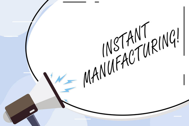 Koncepcyjny pisania ręcznego pokazano Instant Manufacturing. Business Photo tekst maszyny, które sprawiają, że produkty bezpośrednio z pliku cyfrowego blank White ogromny owalny kształt naklejki i megaphone krzycząc. - Zdjęcie, obraz