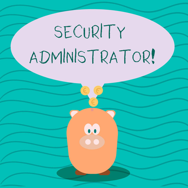 Text sign showing Security Administrator. Conceptual photo demonstrating who administers user access rights to systems Color Speech Bubble with Gold Euro Coins on its Tail Pointing to Piggy Bank. - 写真・画像