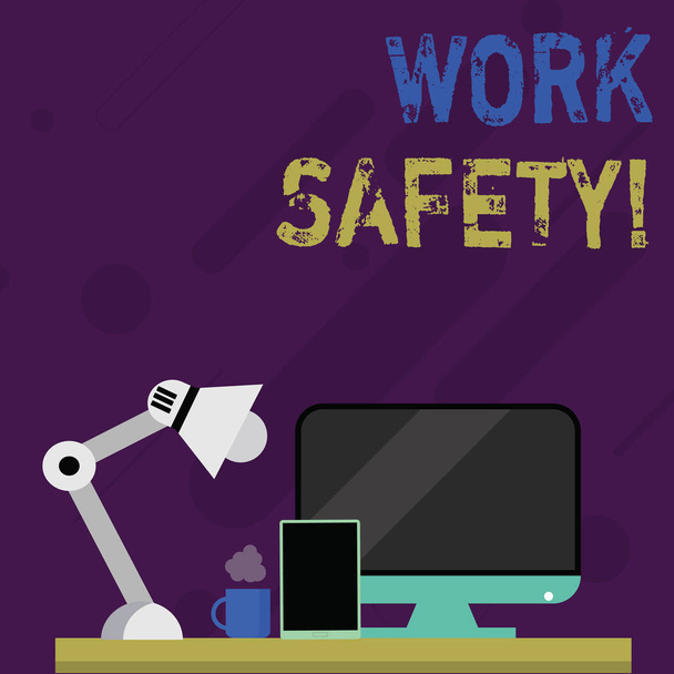 Word writing text Work Safety. Business concept for policies and procedures in place to ensure health of employees Arrangement of Workspace for Nightshift Worker with Computer,Tablet and Lamp. - Photo, Image