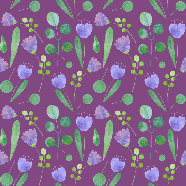 seamless pattern with cute watercolor illustration of stylized flowers. - Foto, Imagem