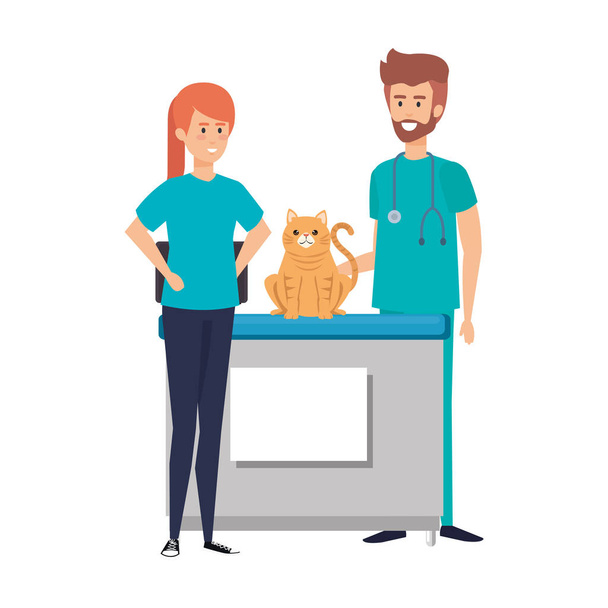 férfi állatorvosi orvos macskával és tulajdonossal - Vektor, kép