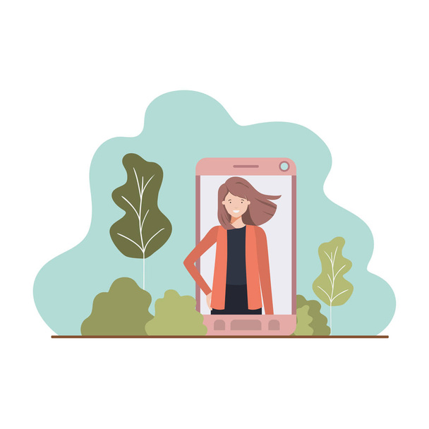 mujer joven en smartphone con paisaje
 - Vector, Imagen